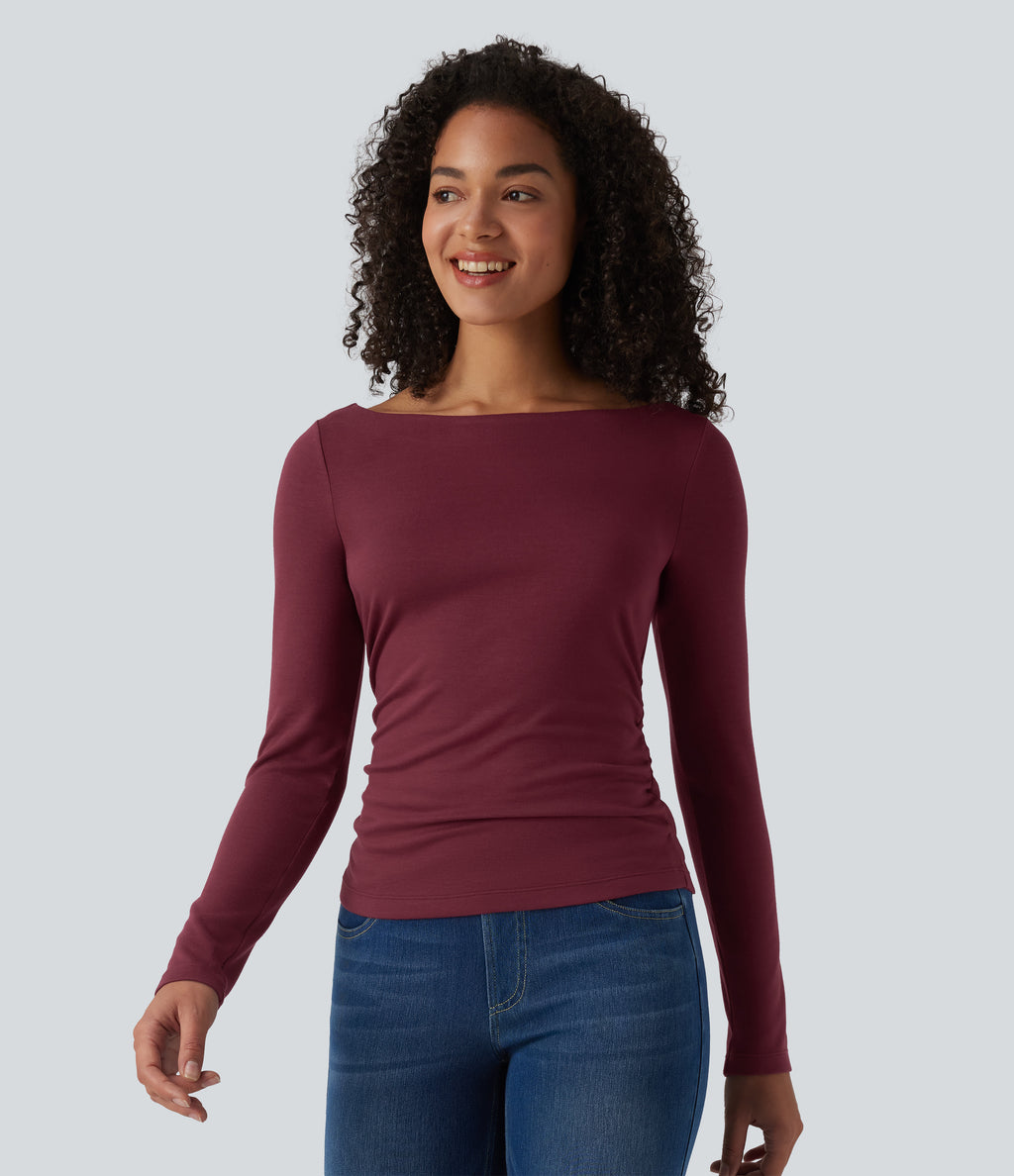 HeatCore Boat Neck Long Sleeve Warming Work Shirt — Cordovan — view 4