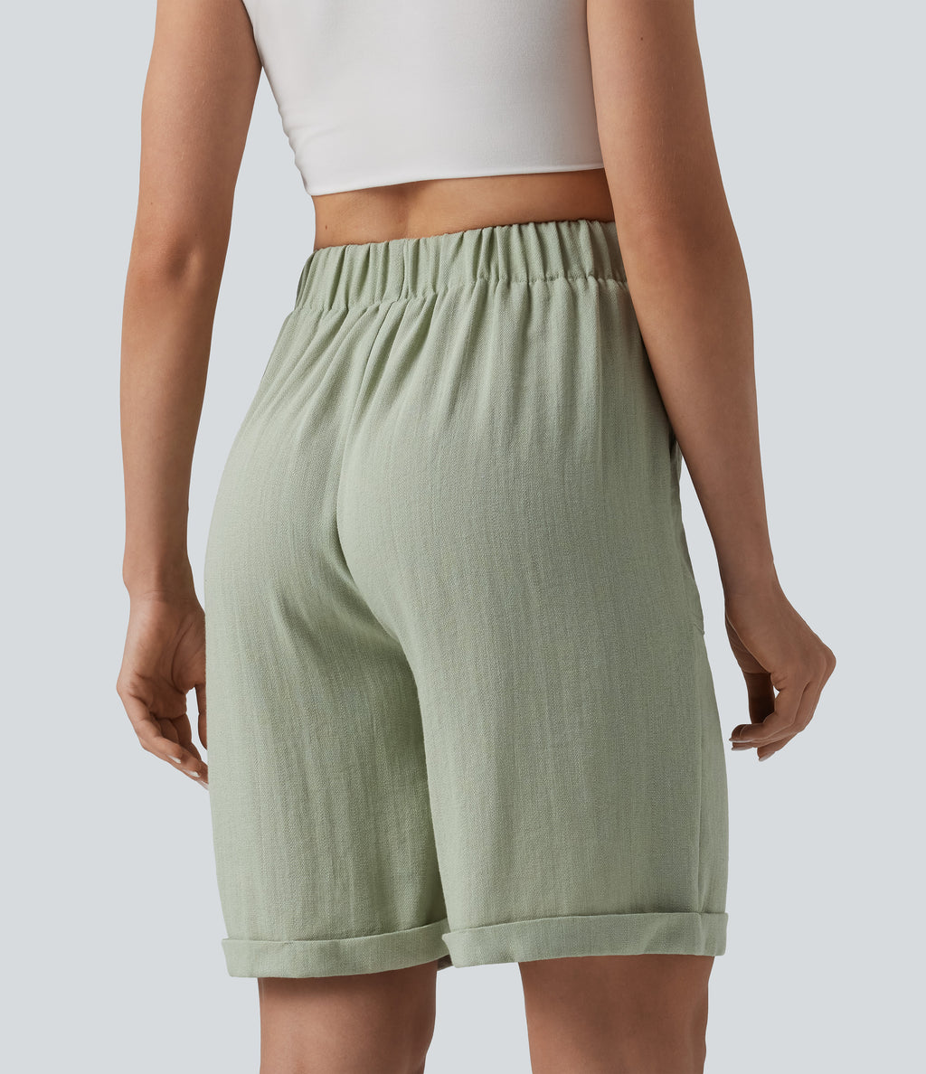 High Waisted Rolled Hem Linen-Feel Casual Bermuda Shorts with Pockets — Sea Foam — view 2