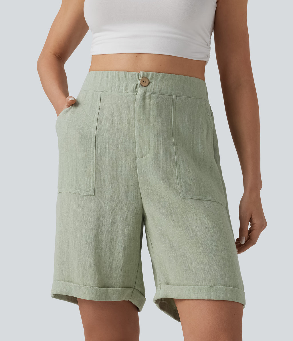 High Waisted Rolled Hem Linen-Feel Casual Bermuda Shorts with Pockets — Sea Foam — view 1