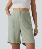 High Waisted Rolled Hem Linen-Feel Casual Bermuda Shorts with Pockets — Sea Foam — view 1