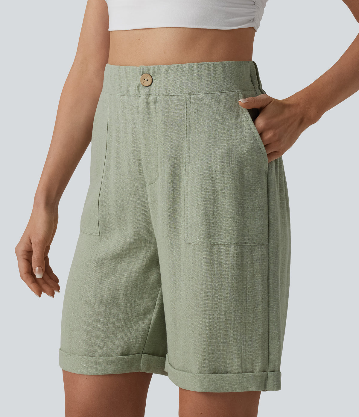High Waisted Rolled Hem Linen-Feel Casual Bermuda Shorts with Pockets — Sea Foam — view 4