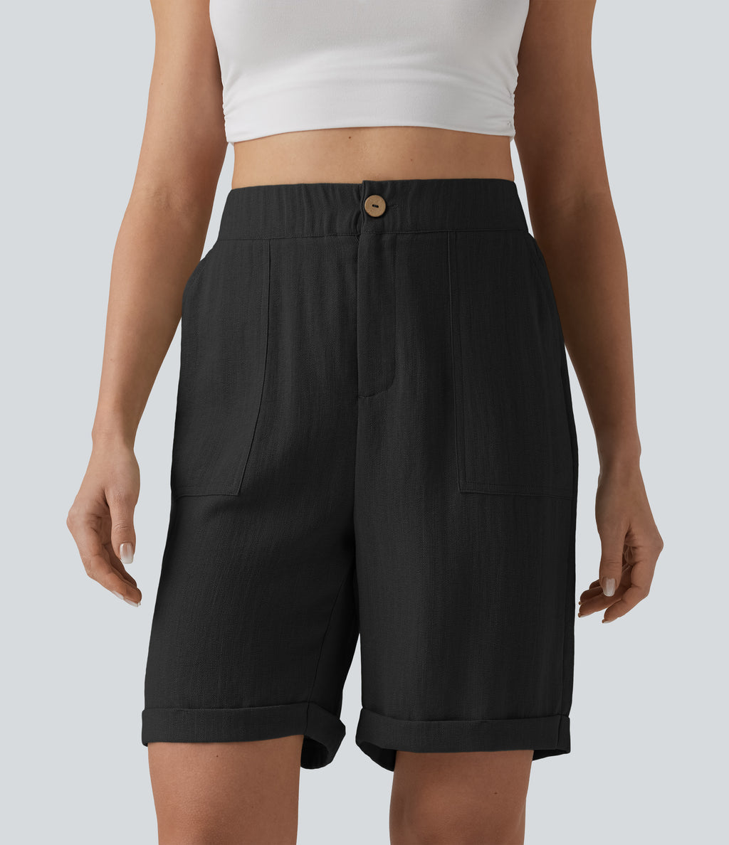 High Waisted Rolled Hem Linen-Feel Casual Bermuda Shorts with Pockets — Black — view 6