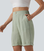 High Waisted Rolled Hem Linen-Feel Casual Bermuda Shorts with Pockets — Sea Foam — view 3