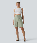 High Waisted Rolled Hem Linen-Feel Casual Bermuda Shorts with Pockets — Sea Foam — view 5