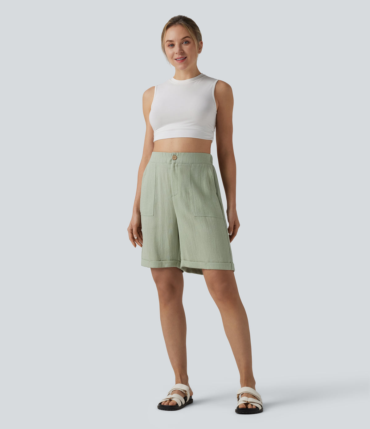 High Waisted Rolled Hem Linen-Feel Casual Bermuda Shorts with Pockets — Sea Foam — view 5