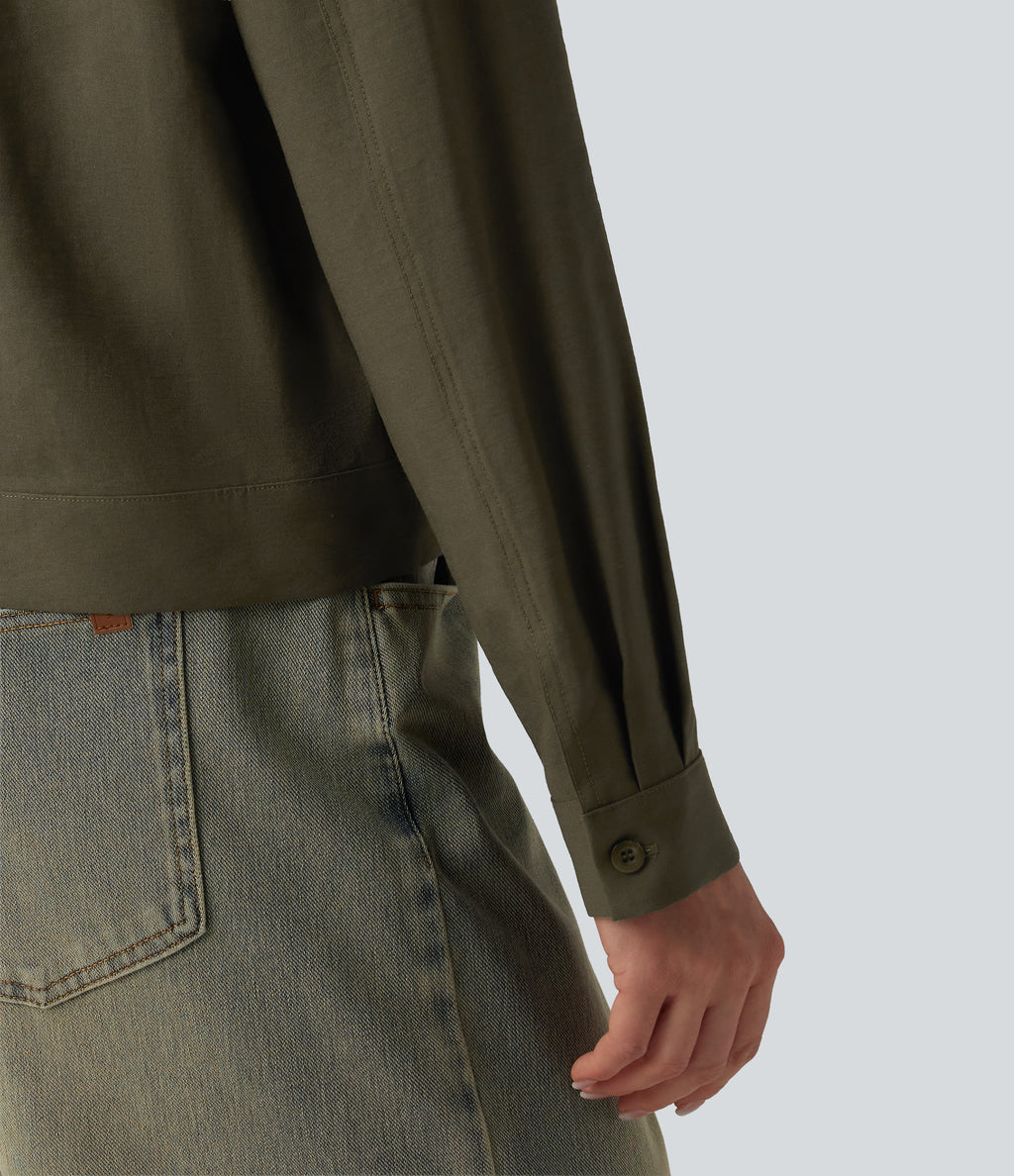 Stand Collar Long Sleeve Casual Cargo Jacket with Pockets — Twilight Green — view 5