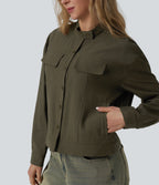 Stand Collar Long Sleeve Casual Cargo Jacket with Pockets — Twilight Green — view 4