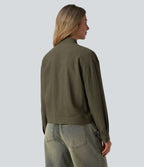 Stand Collar Long Sleeve Casual Cargo Jacket with Pockets — Twilight Green — view 2