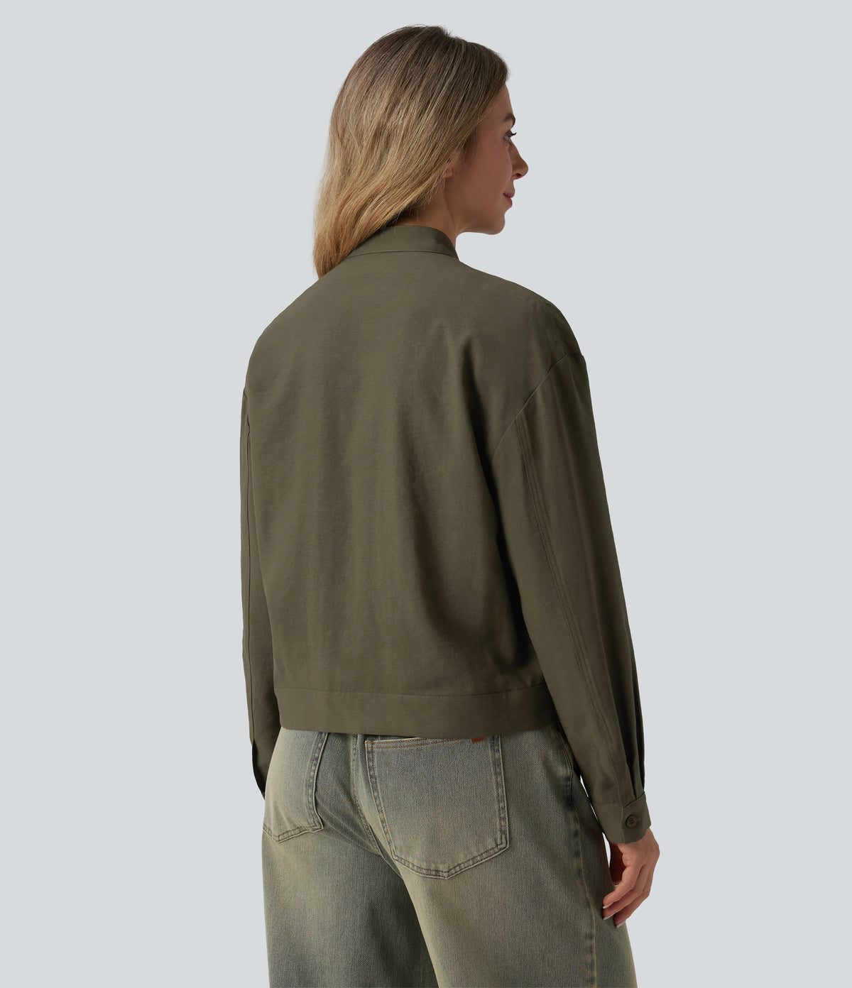 Stand Collar Long Sleeve Casual Cargo Jacket with Pockets — Twilight Green — view 2