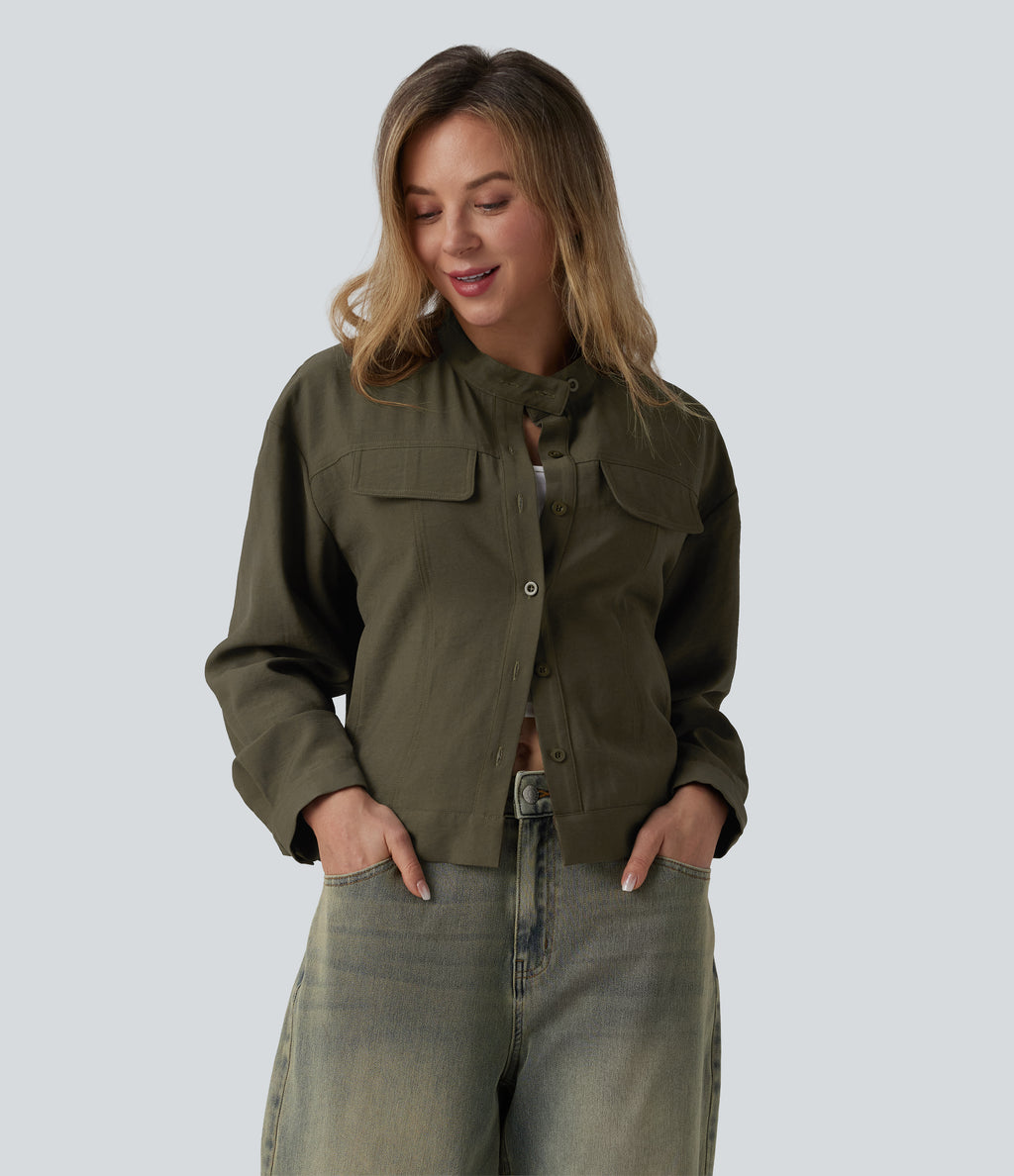 Stand Collar Long Sleeve Casual Cargo Jacket with Pockets — Twilight Green — view 1