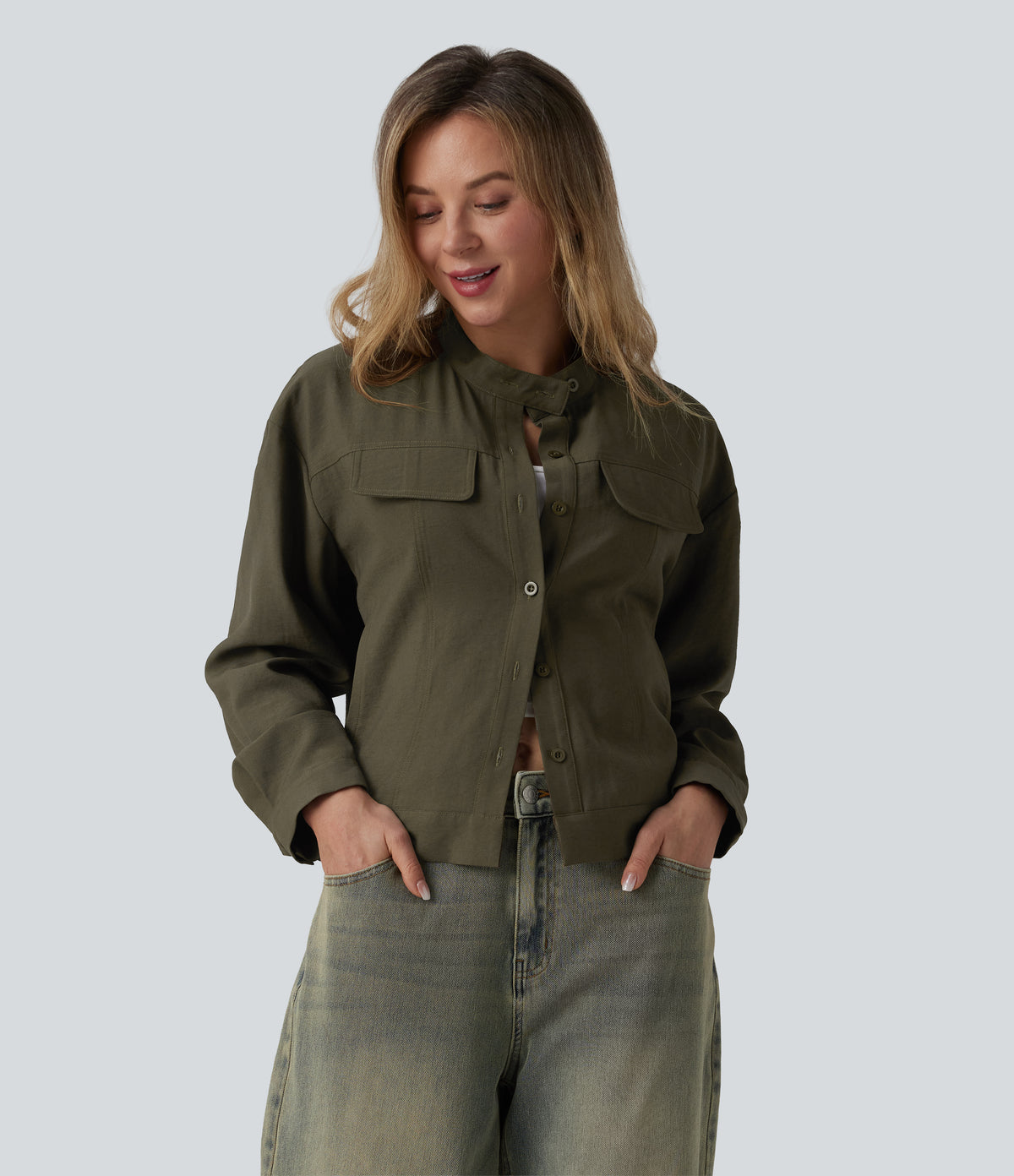 Stand Collar Long Sleeve Casual Cargo Jacket with Pockets — Twilight Green — view 1