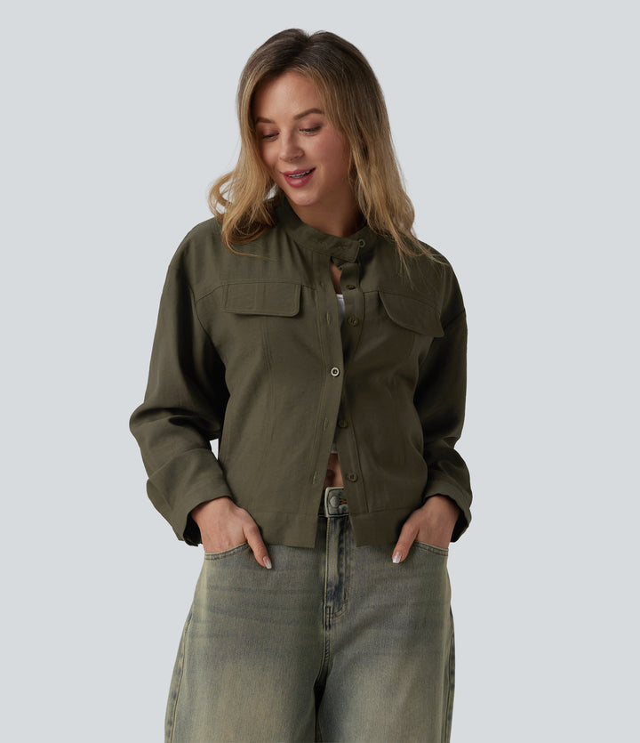 Stand Collar Long Sleeve Casual Cargo Jacket with Pockets — Twilight Green — view 1