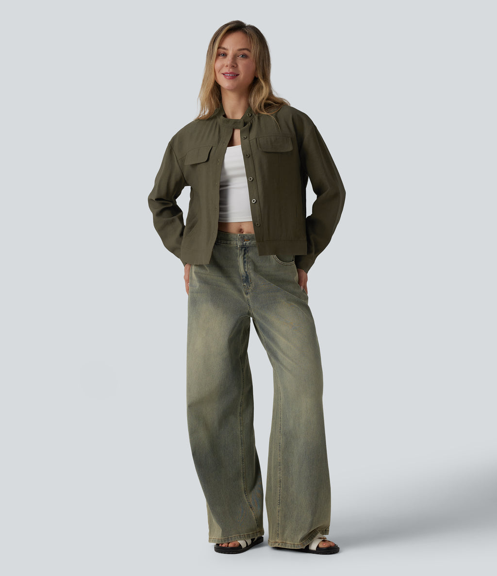 Stand Collar Long Sleeve Casual Cargo Jacket with Pockets — Twilight Green — view 7