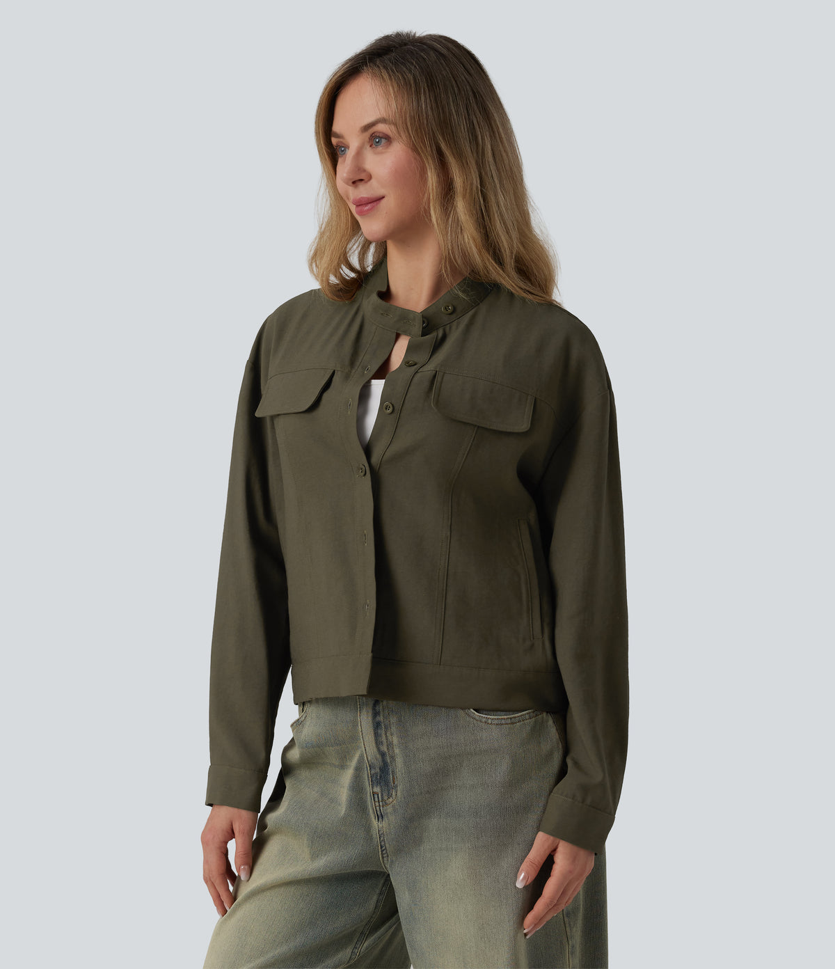 Stand Collar Long Sleeve Casual Cargo Jacket with Pockets — Twilight Green — view 3
