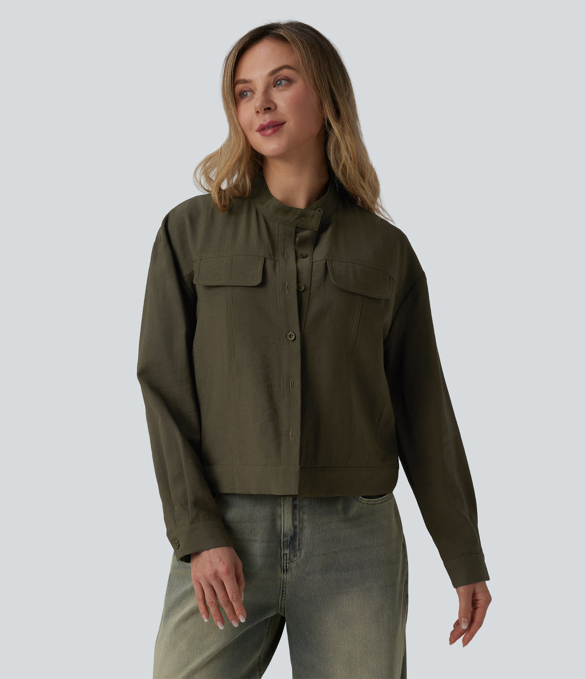 Stand Collar Long Sleeve Casual Cargo Jacket with Pockets — Twilight Green — view 6