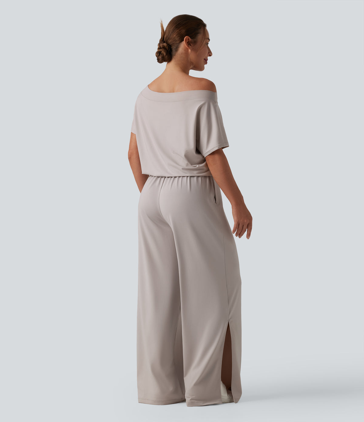 One-shoulder Short Sleeve Split Hem Casual Jumpsuit with Pockets — Ashes of Roses — view 2