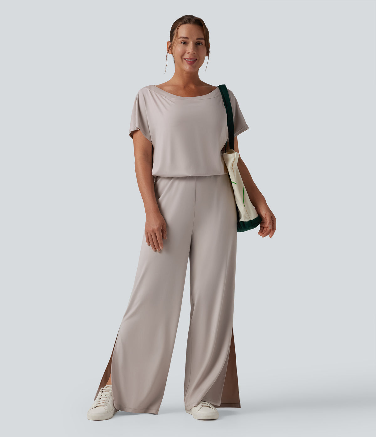 One-shoulder Short Sleeve Split Hem Casual Jumpsuit with Pockets — Ashes of Roses — view 8