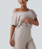 One-shoulder Short Sleeve Split Hem Casual Jumpsuit with Pockets — Ashes of Roses — view 5