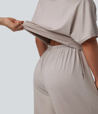 One-shoulder Short Sleeve Split Hem Casual Jumpsuit with Pockets — Ashes of Roses — view 4
