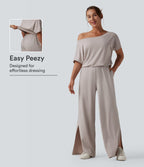 One-shoulder Short Sleeve Split Hem Casual Jumpsuit with Pockets — Ashes of Roses — view 1