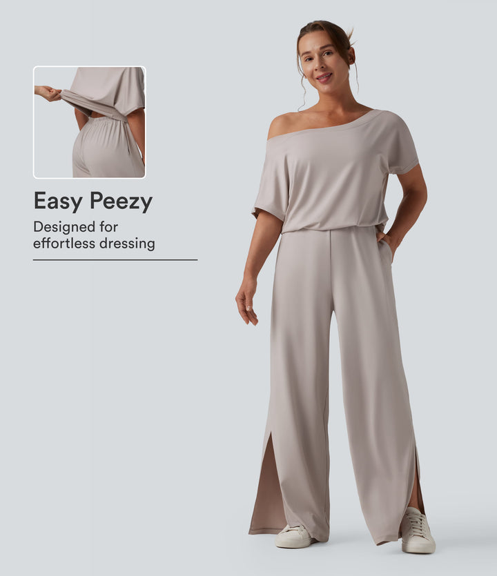 One-shoulder Short Sleeve Split Hem Casual Jumpsuit with Pockets — Ashes of Roses — view 1