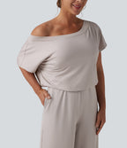 One-shoulder Short Sleeve Split Hem Casual Jumpsuit with Pockets — Ashes of Roses — view 6