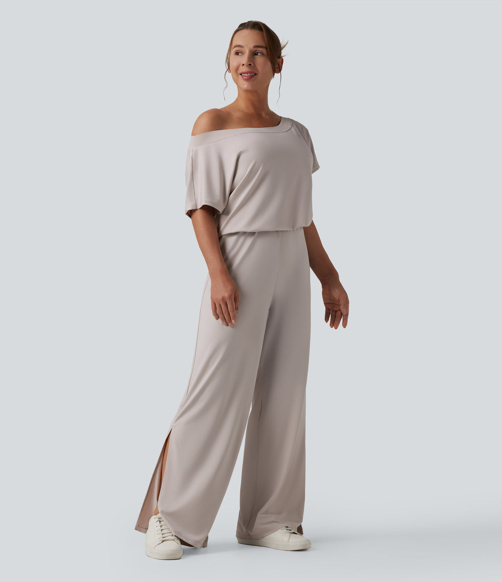 One-shoulder Short Sleeve Split Hem Casual Jumpsuit with Pockets — Ashes of Roses — view 3