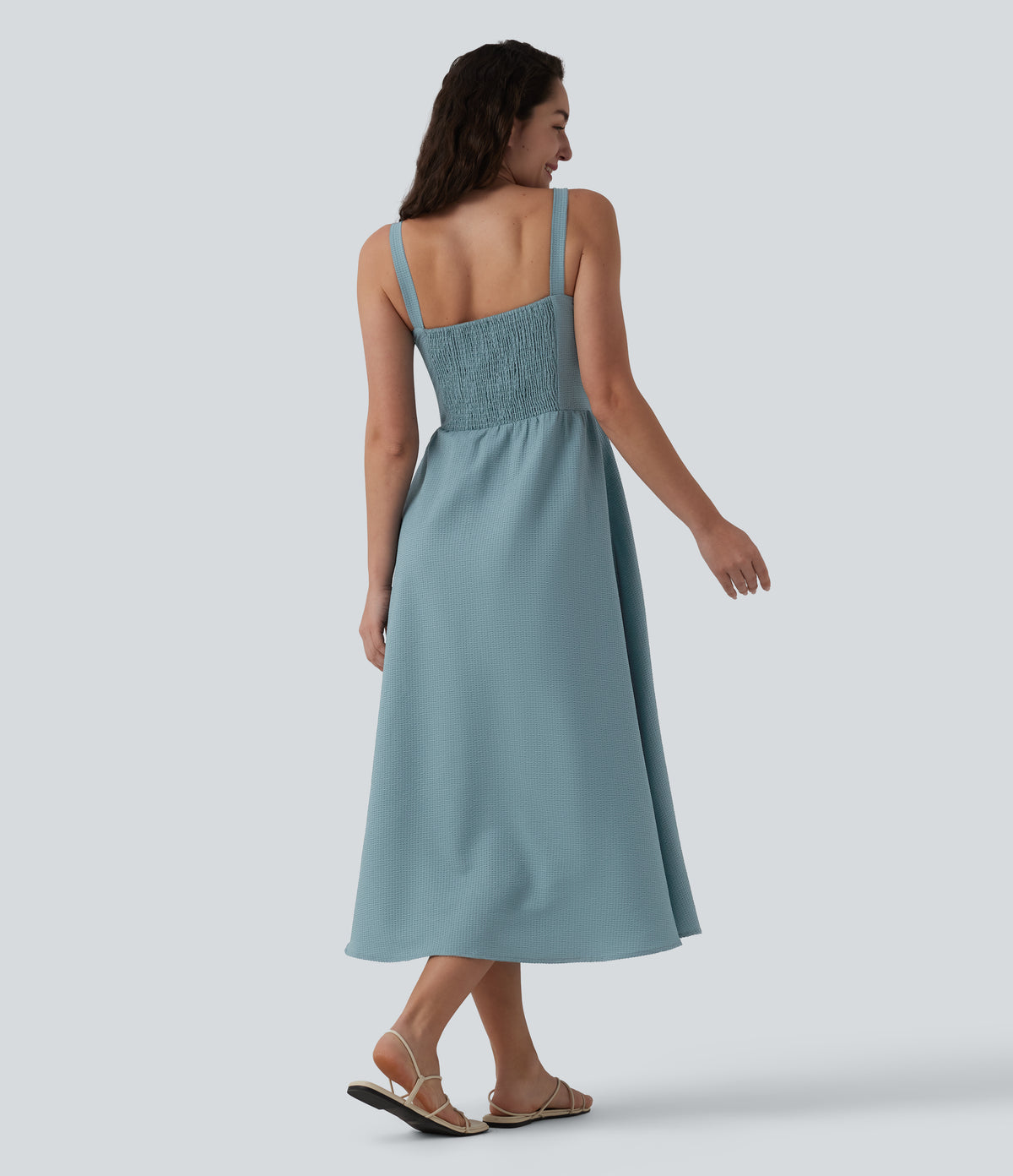 Ruched Shirred Midi Texture Casual Flowy Slip Dress — Stone Blue — view 2