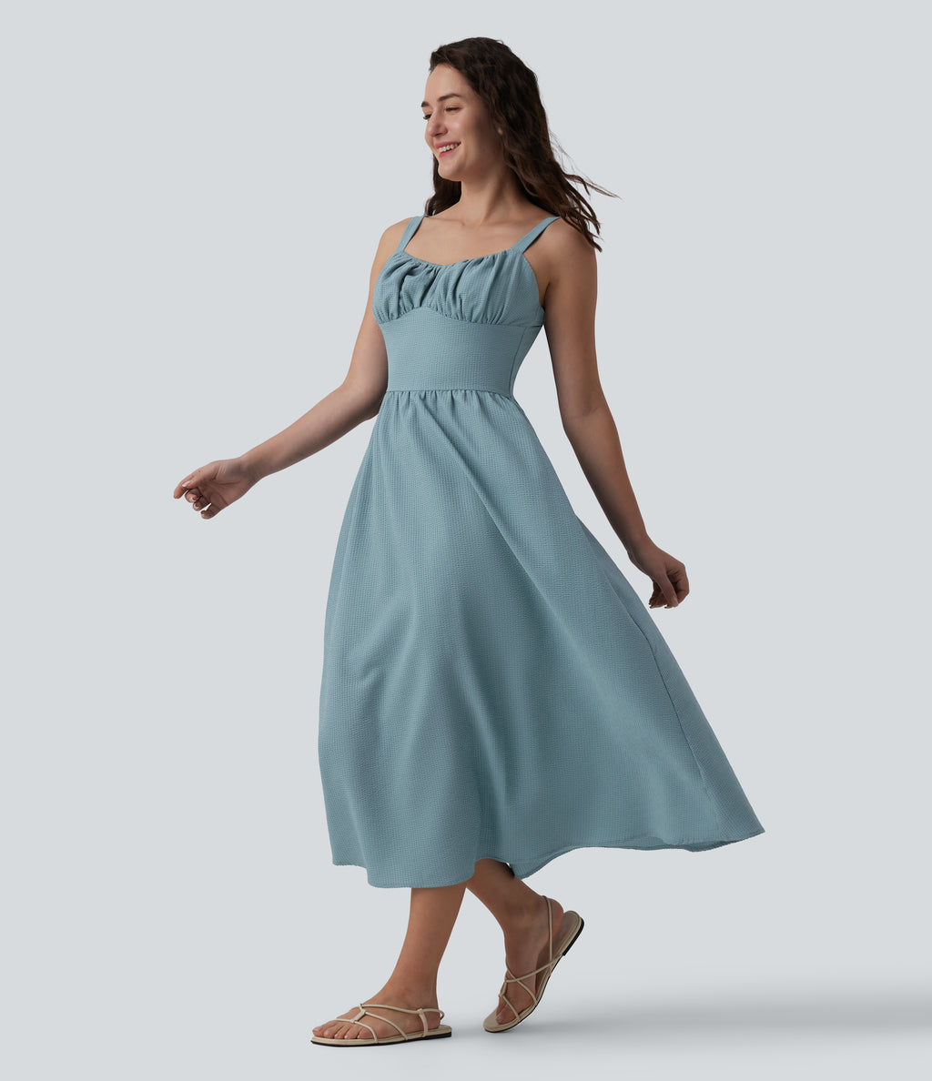 Ruched Shirred Midi Texture Casual Flowy Slip Dress — Stone Blue — view 1