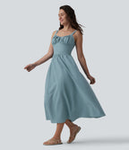 Ruched Shirred Midi Texture Casual Flowy Slip Dress — Stone Blue — view 1