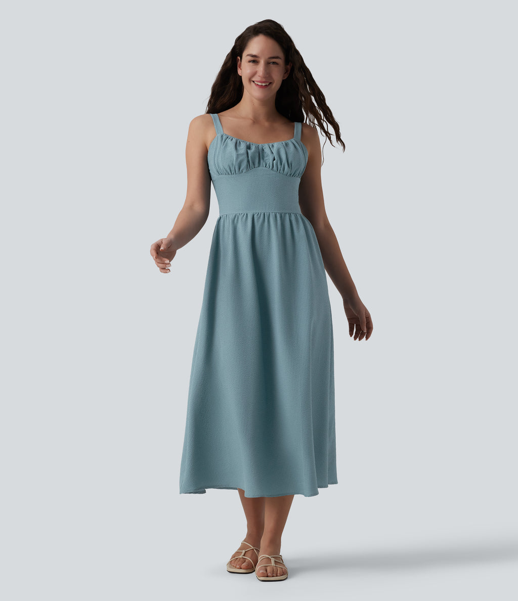 Ruched Shirred Midi Texture Casual Flowy Slip Dress — Stone Blue — view 3