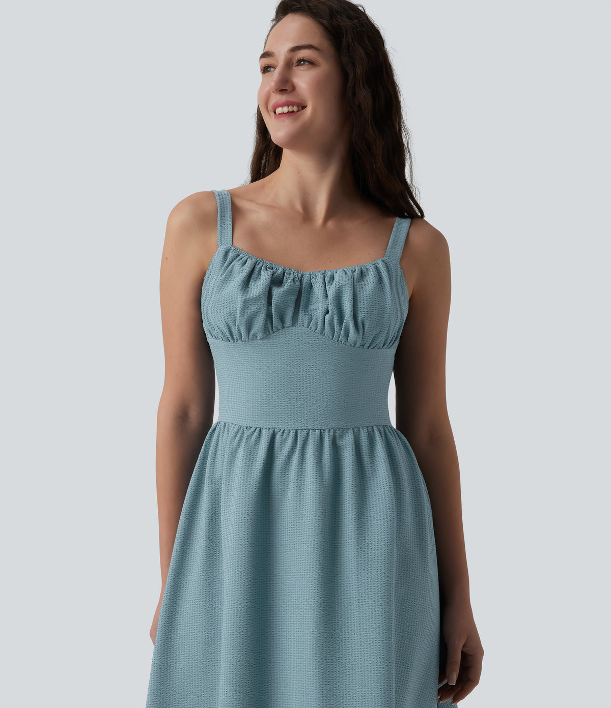 Ruched Shirred Midi Texture Casual Flowy Slip Dress — Stone Blue — view 4