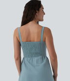 Ruched Shirred Midi Texture Casual Flowy Slip Dress — Stone Blue — view 5