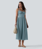 Ruched Shirred Midi Texture Casual Flowy Slip Dress — Stone Blue — view 6
