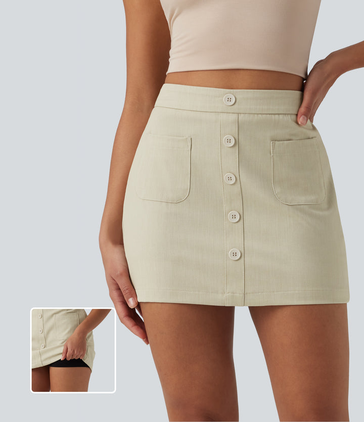 High Waisted Invisible Zipper 2-in-1 Denim Like Bodycon Mini Casual Skirt with Pockets — Moss Weave Light Brown — view 1