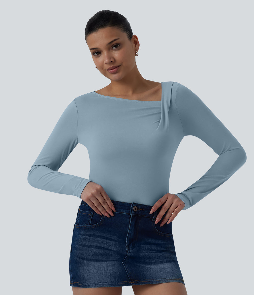 Asymmetric Neck Long Sleeve Ruched Casual Top — Moon Ice Blue — view 5