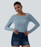 Asymmetric Neck Long Sleeve Ruched Casual Top — Moon Ice Blue — view 5