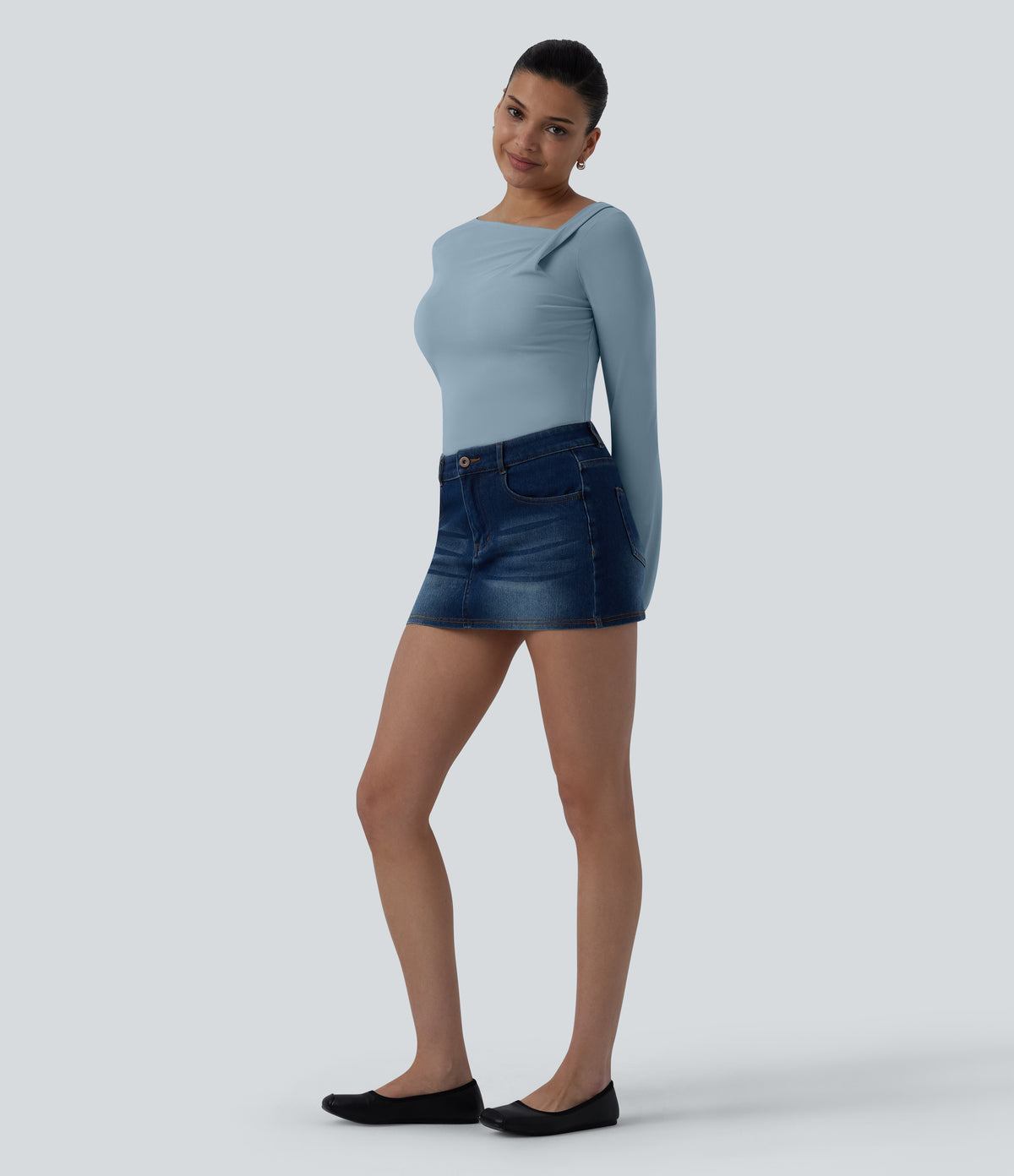 Asymmetric Neck Long Sleeve Ruched Casual Top — Moon Ice Blue — view 7