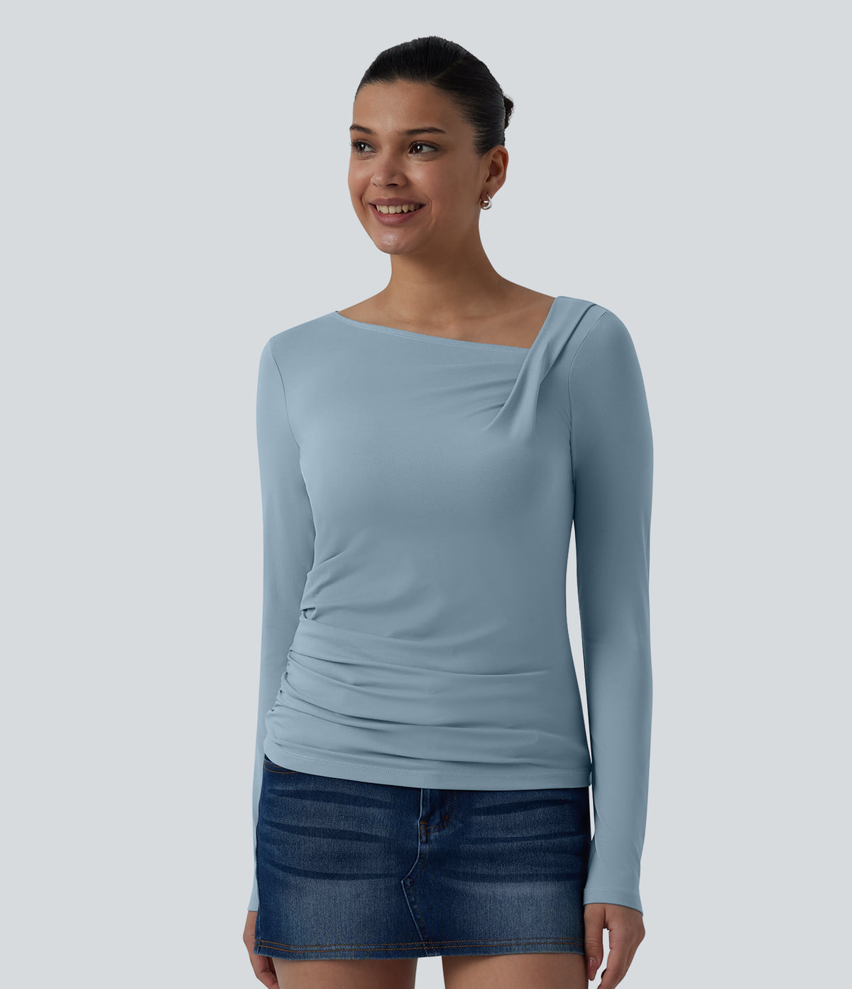 Asymmetric Neck Long Sleeve Ruched Casual Top — Moon Ice Blue — view 1