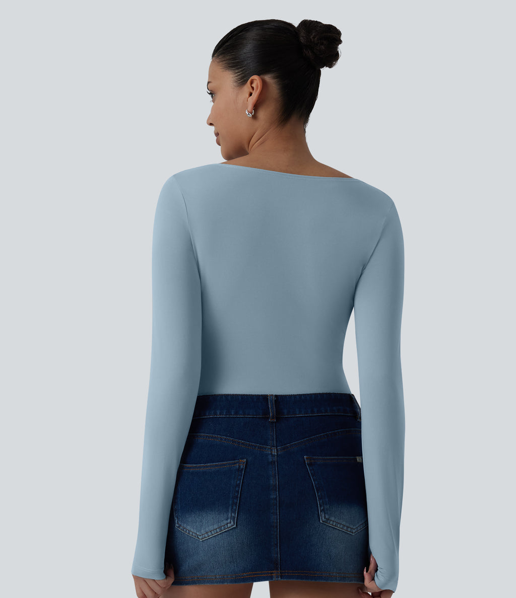 Asymmetric Neck Long Sleeve Ruched Casual Top — Moon Ice Blue — view 4