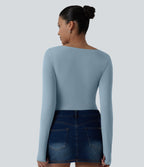 Asymmetric Neck Long Sleeve Ruched Casual Top — Moon Ice Blue — view 4
