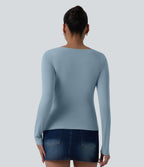 Asymmetric Neck Long Sleeve Ruched Casual Top — Moon Ice Blue — view 2