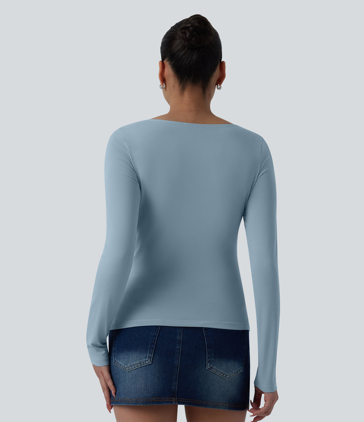 Asymmetric Neck Long Sleeve Ruched Casual Top — Moon Ice Blue — view 2
