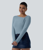 Asymmetric Neck Long Sleeve Ruched Casual Top — Moon Ice Blue — view 3
