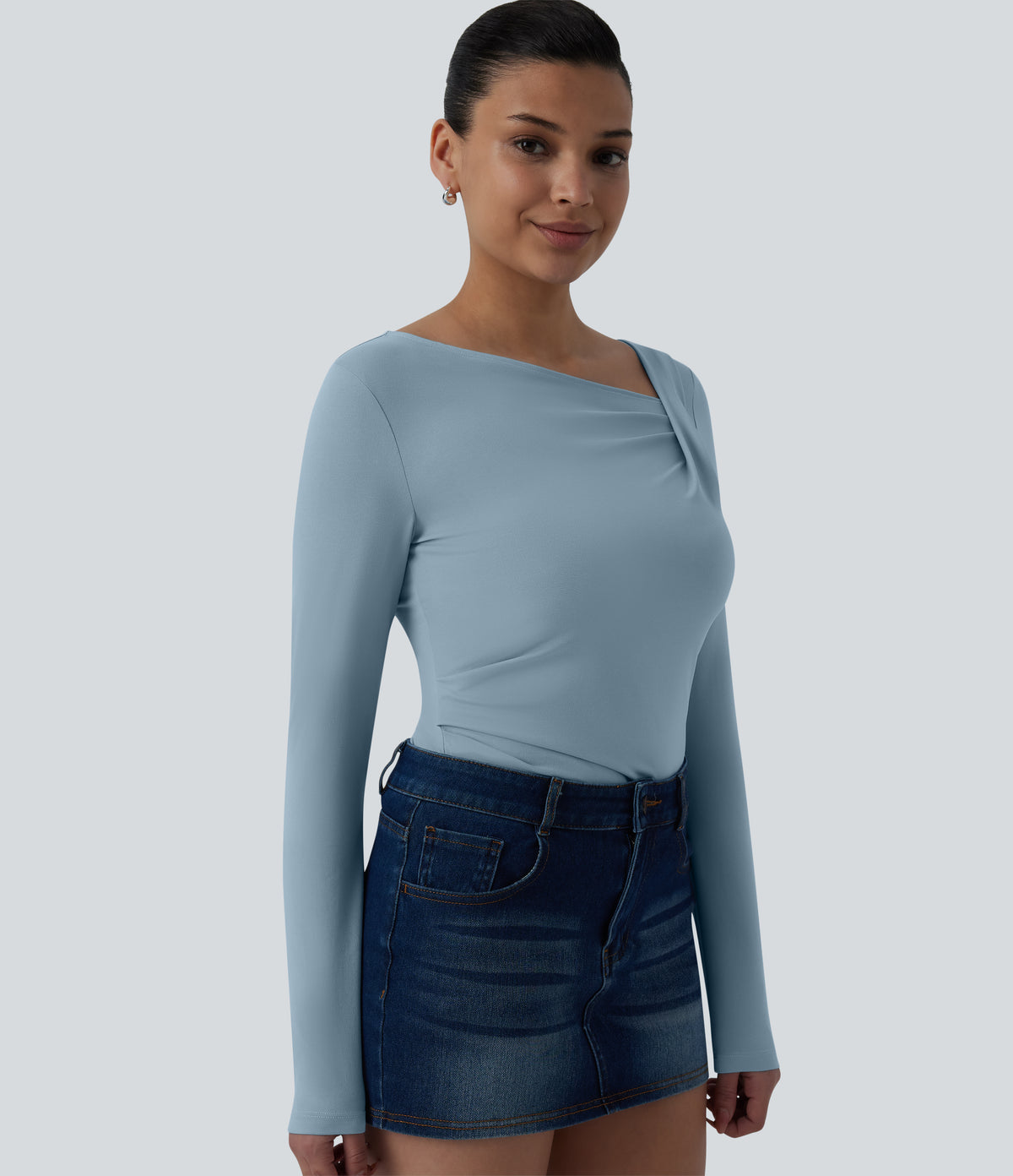 Asymmetric Neck Long Sleeve Ruched Casual Top — Moon Ice Blue — view 6