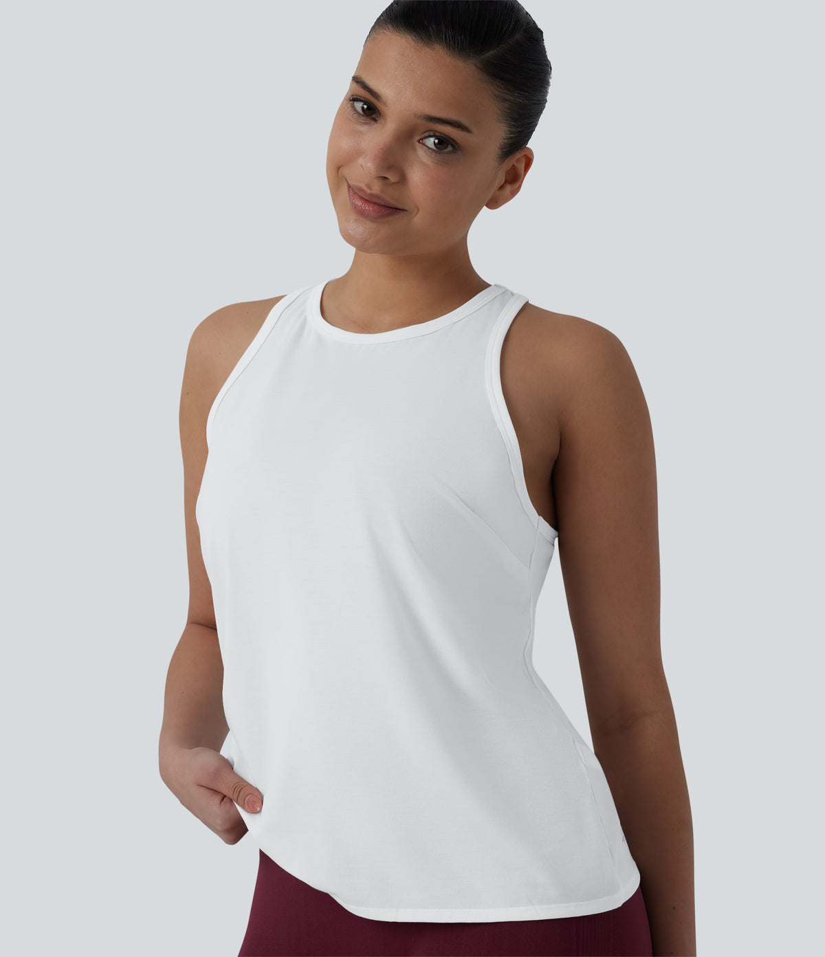 Racerback Pleated Round Neck Quick Dry Yoga Tank Top — White — view 5