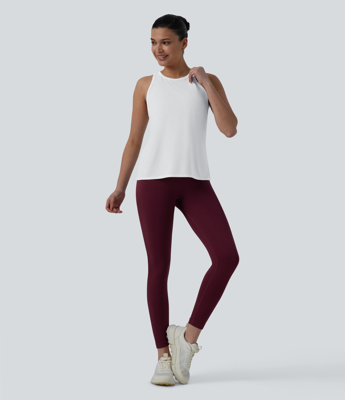 Racerback Pleated Round Neck Quick Dry Yoga Tank Top — White — view 6