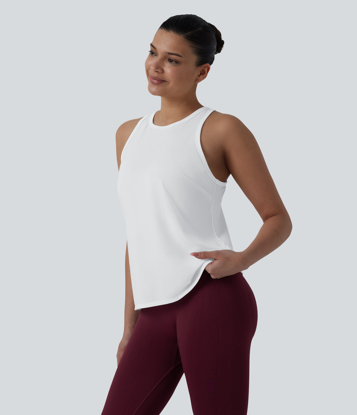 Racerback Pleated Round Neck Quick Dry Yoga Tank Top — White — view 3