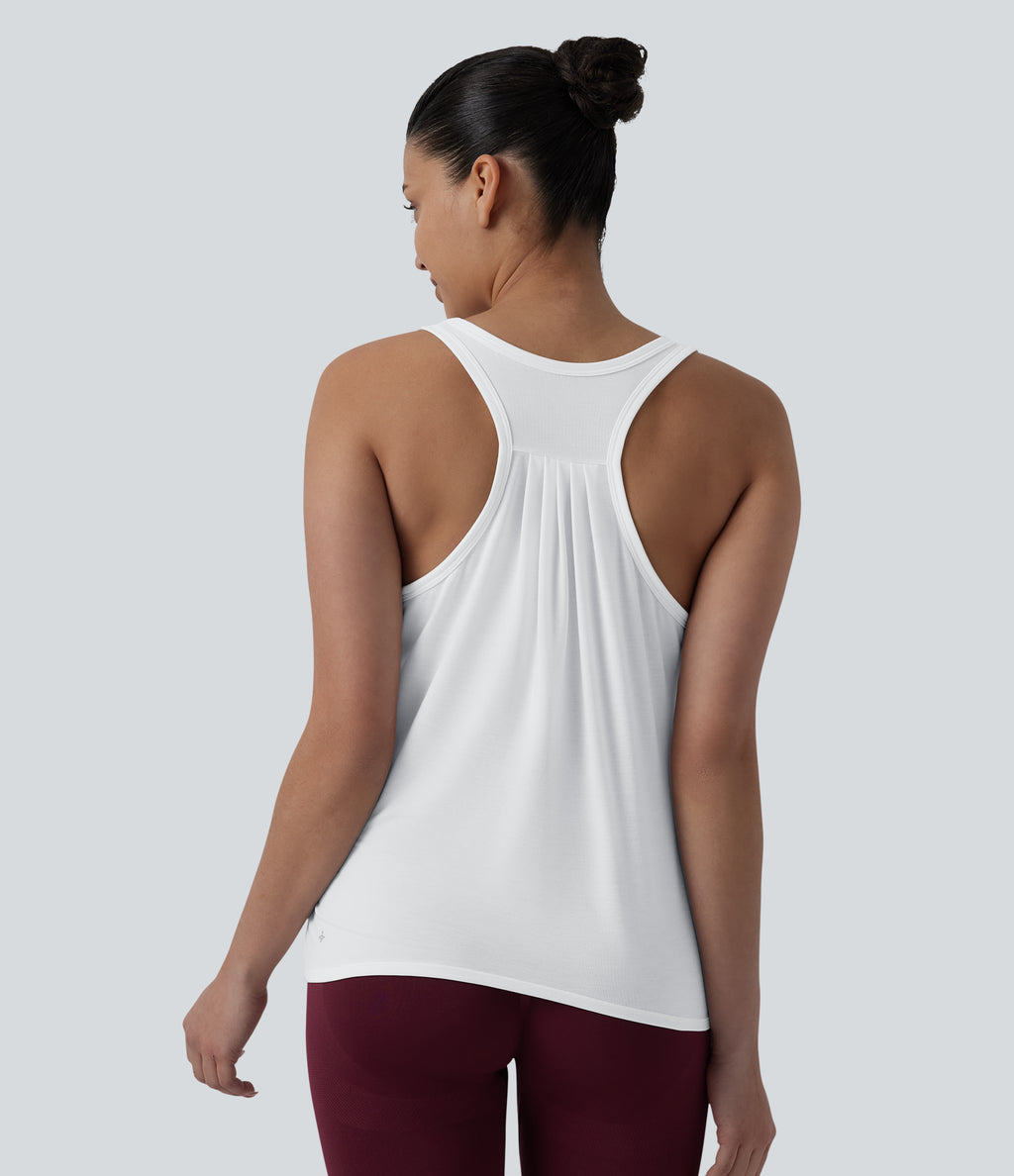 Racerback Pleated Round Neck Quick Dry Yoga Tank Top — White — view 4