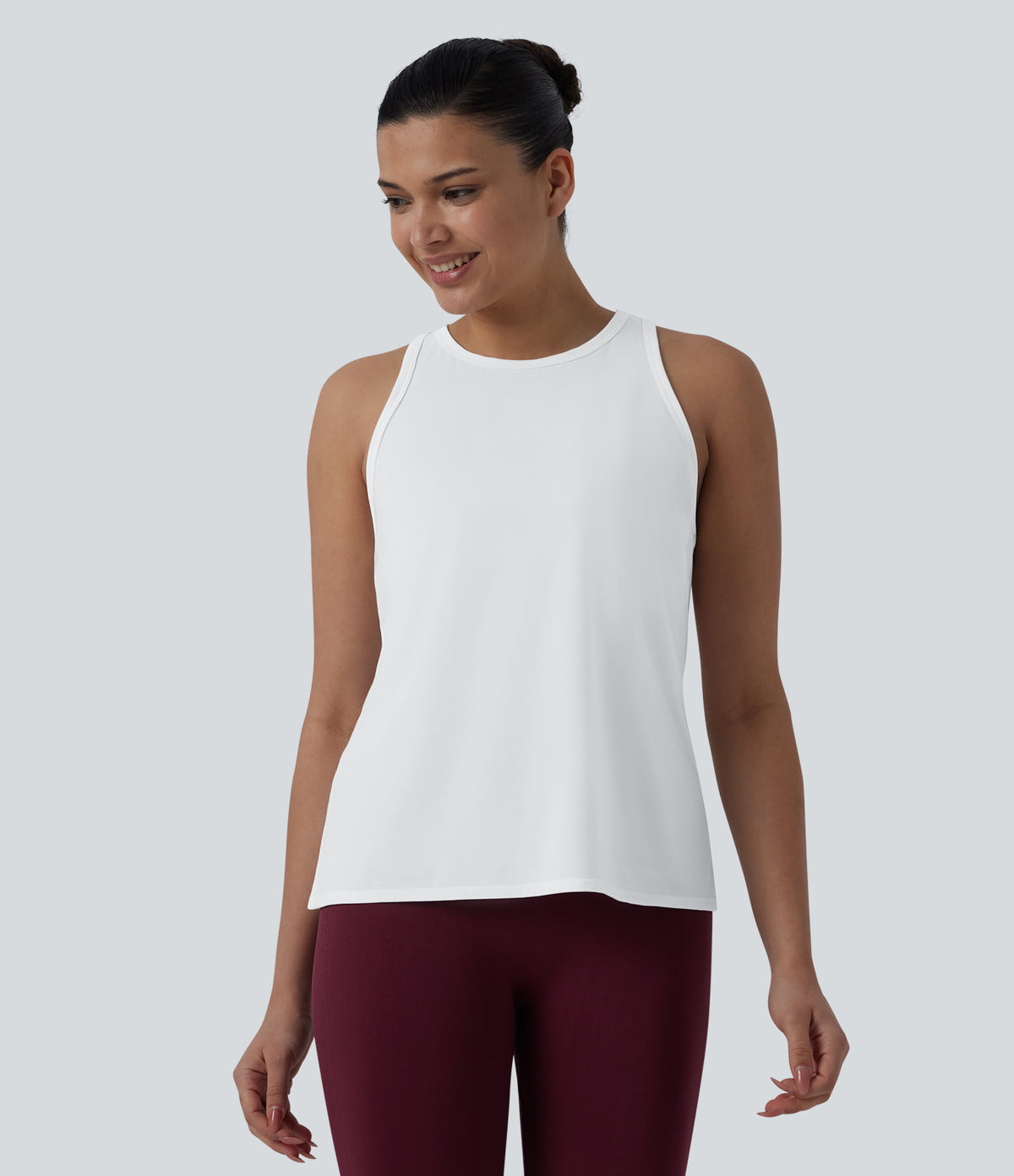 Racerback Pleated Round Neck Quick Dry Yoga Tank Top — White — view 2